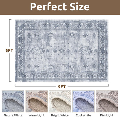 AMOAMI-Vintage Area Rug 6X9 Blue Rugs for Living Room-Soft Living Room Rug Non Slip Rugs for Bedroom Carpet Machine Washable Rug for Dining Room Bedside Office Room Decor