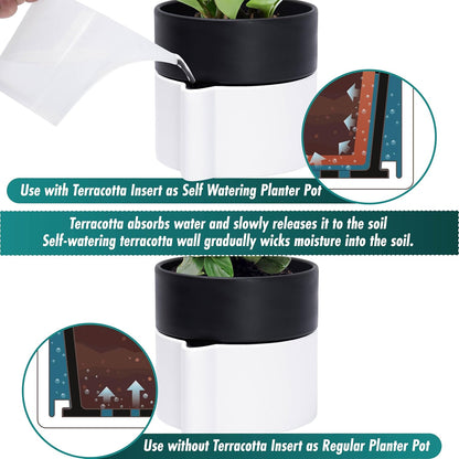 Phoenix Vine 6.5 Inch Self-Watering Planter Pot with Terracotta Insert, Deep Water Reservoir, and Ceramic-Alike BPA-Free Plastic Pot for Plant, Modern Planter for Houseplants, White/Black, 53-B-S-4