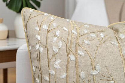 VAGMINE Embroidered Forest Throw Pillow Cover - 18x18 Inches Square - 100% Linen Natural Decorative Cushion Cover - Elegant Embroidery - Rustic Home Accent for Sofa, Bed, Couch, Farmhouse Décor