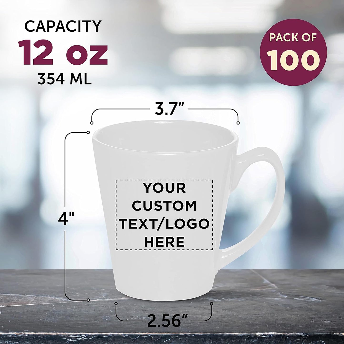 DISCOUNT PROMOS Custom Glossy Ceramic Latte Coffee Mug 12 oz. Set of 100, Personalized Bulk Pack - Perfect for Tea, Espresso, Cappuccino, Hot Cocoa - White