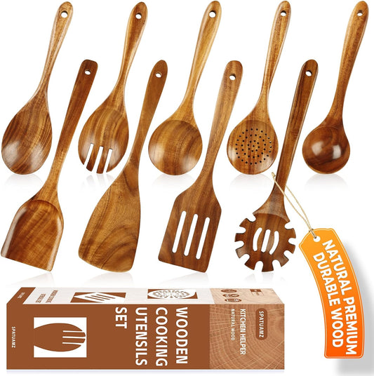 SPATUAMZ Wooden Kitchen Utensils Set, Smooth Finished Wooden Spoons for Cooking, Natural Teak