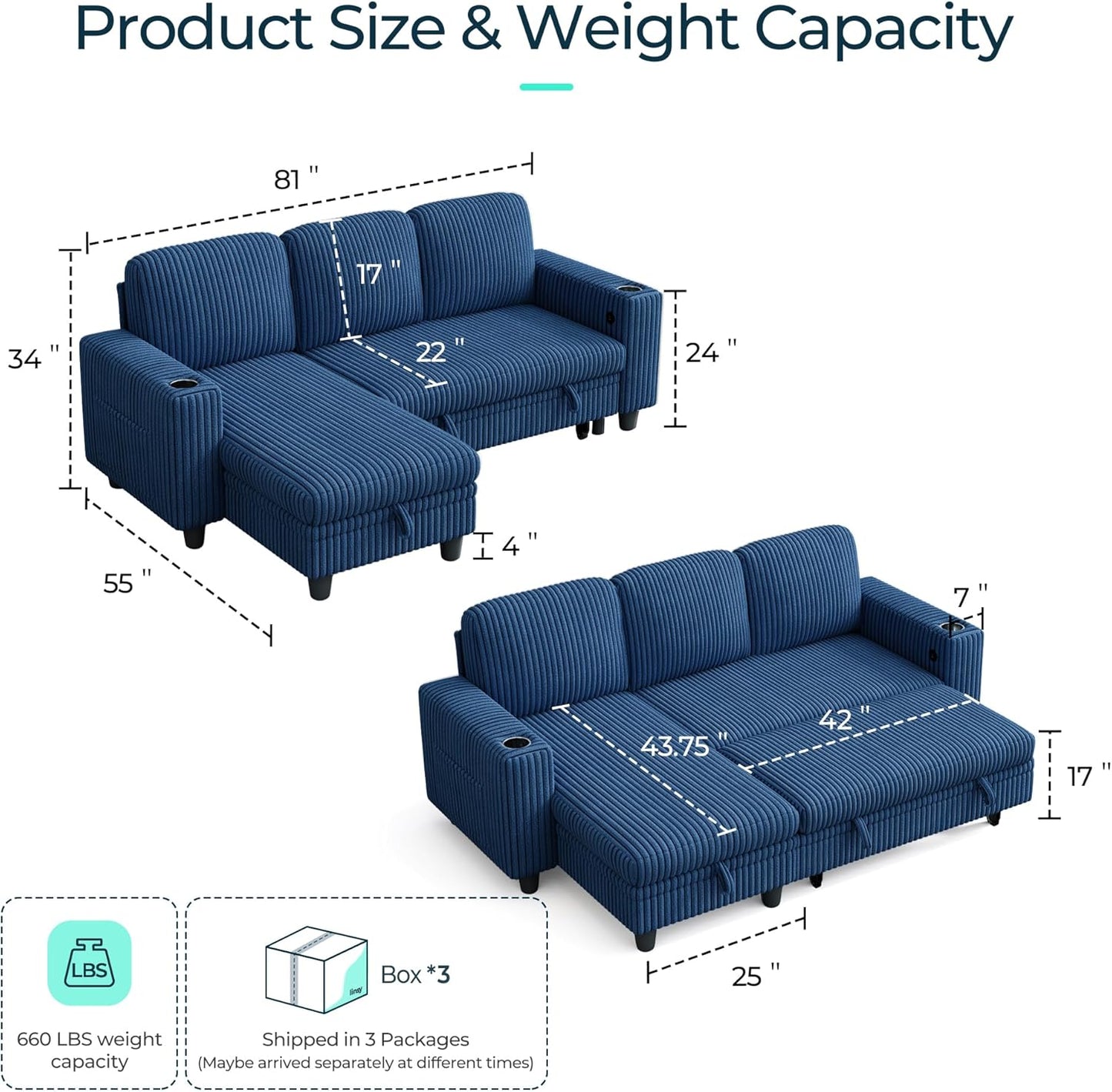 LINSY HOME Sectional Sleeper Sofa with Pull Out Couch Bed - Convertible Plush Corduroy Cloud Couch with Storage Chaise & USB Charging, Comfy L Shaped Modular Couches for Living Room Apartment, Blue