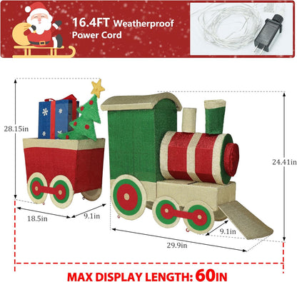 5FT Light-Up Christmas Train Decor with 170 LED Lights, 3D Pre-Lit Train Set with Gift Box and Christmas Tree for Xmas Decoration, Freestanding Glittered Holiday Display for Outdoor, Indoor
