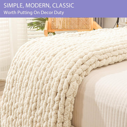 Bigacogo Chunky Knit Throw Blanket for Couch, 51x63 inches, 100% Hand Knitted with Thick Jumbo Chenille Yarn, Cozy Soft Large Rope Knot Cable Crochet Blankets for Sofa Bed Living Room, Beige