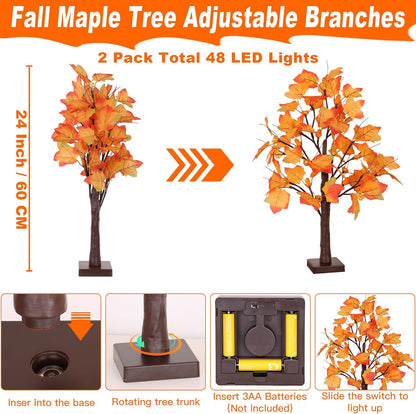 2 Pack 24 Inch Prelit Fall Maple Tree Fall Decor with 48 LED Timer Battery Operated Artificial Fall Light Up Tree Pumpkin Maple Acorn for Fall Thanksgiving Decorations Table Home Indoor Autumn Harvest
