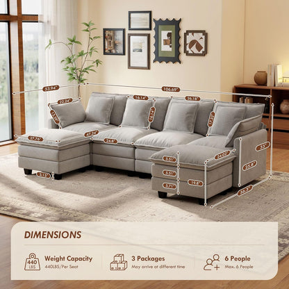 Ihanherry 106" L Shaped Modular Sectional Cloud Sofa, Modern 6 Seat Chenille Couch with Ottoman for Living Room, Bedroom and Apartment, Grey