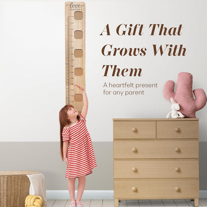 Wooden Growth Chart for Wall - Foldable Height Chart for Kids with Picture Slots - Milestone Tracker Measuring Board with Mounting Hooks - Easy Installation, Smooth Finish, Neutral Color
