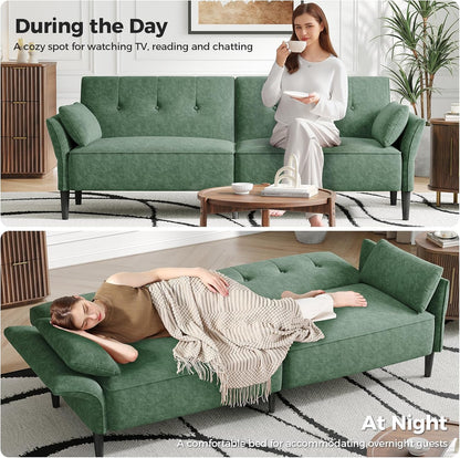 89” Futon Sofa Bed, Comfy Futon Couch Bed with 2 Square Pillows, Convertible Sleeper Sofa with Adjustable Backrest& Armrests, Modern Loveseat Sleeper for Living Room, Bedroom,Light Green
