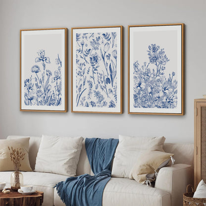 SIGNINART Classic Chinoiserie Framed Canvas Wall Art Set, Blue and White Floral Art Painting, Minimalist Botanical Flower Artwork, Navy Blue Wall Decor for Bedroom, Living Room, Office 16"x24"x3