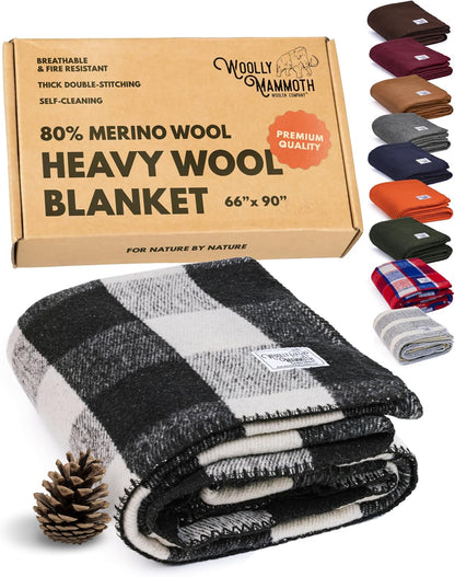 Woolly Mammoth Woolen Company Camping Wool Blanket - 66 in x 90 in Black & Cream Plaid - Heavyweight Merino Wool Outdoor Throw Blanket & Bedroll - Insulating Warm for Winter, Picnic & Travel