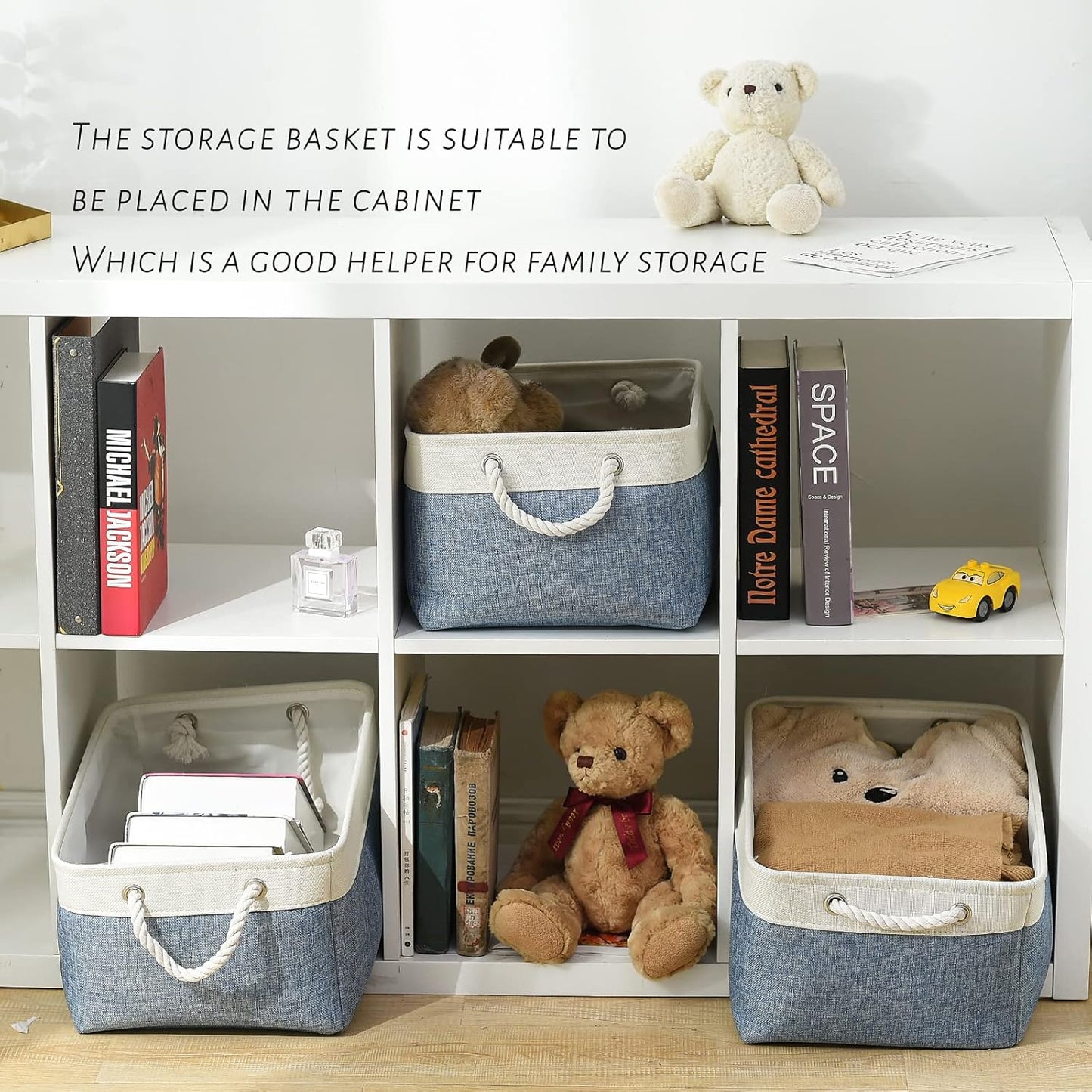 TcaFmac Storage Bins for Organization - Large 3 Pack Canvas Storage Basket for Shelves with Handles, Collapsible Baskets for Organizing for Closet Dog Laundry (White & Blue16x12x8 inch)