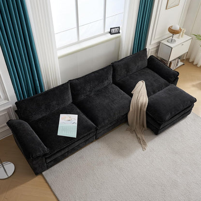 Karl home Sectional Sofa Modular Deep Seat Sofa Couch with Ottoman, Chenille Sofa Sleeper Comfy Upholstered Furniture for Living Room, Apartment, Studio, Office, (3-Seat & 1-Ottoman, Black)