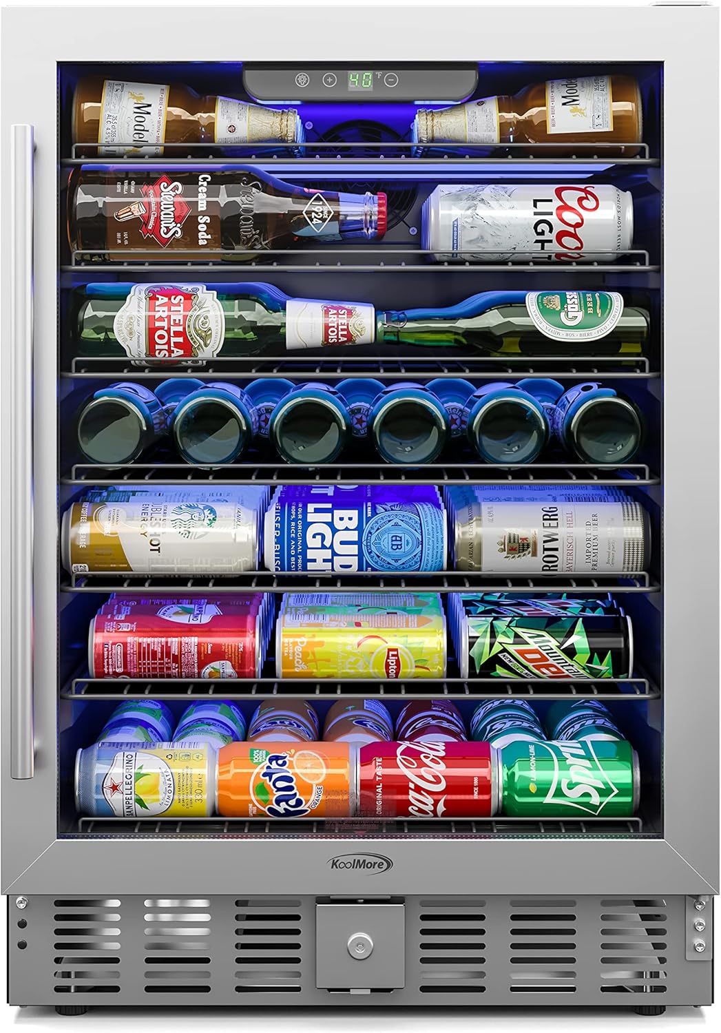 KoolMore 23.4??Inches Small Built-In Glass Door Refrigerator and Beverage Cooler for Soda Cans, 6 Wire Shelves, Adjustable Temperature Range [5.1 Cu. Ft.], 24" Inch (KM-BIR5C-GD)