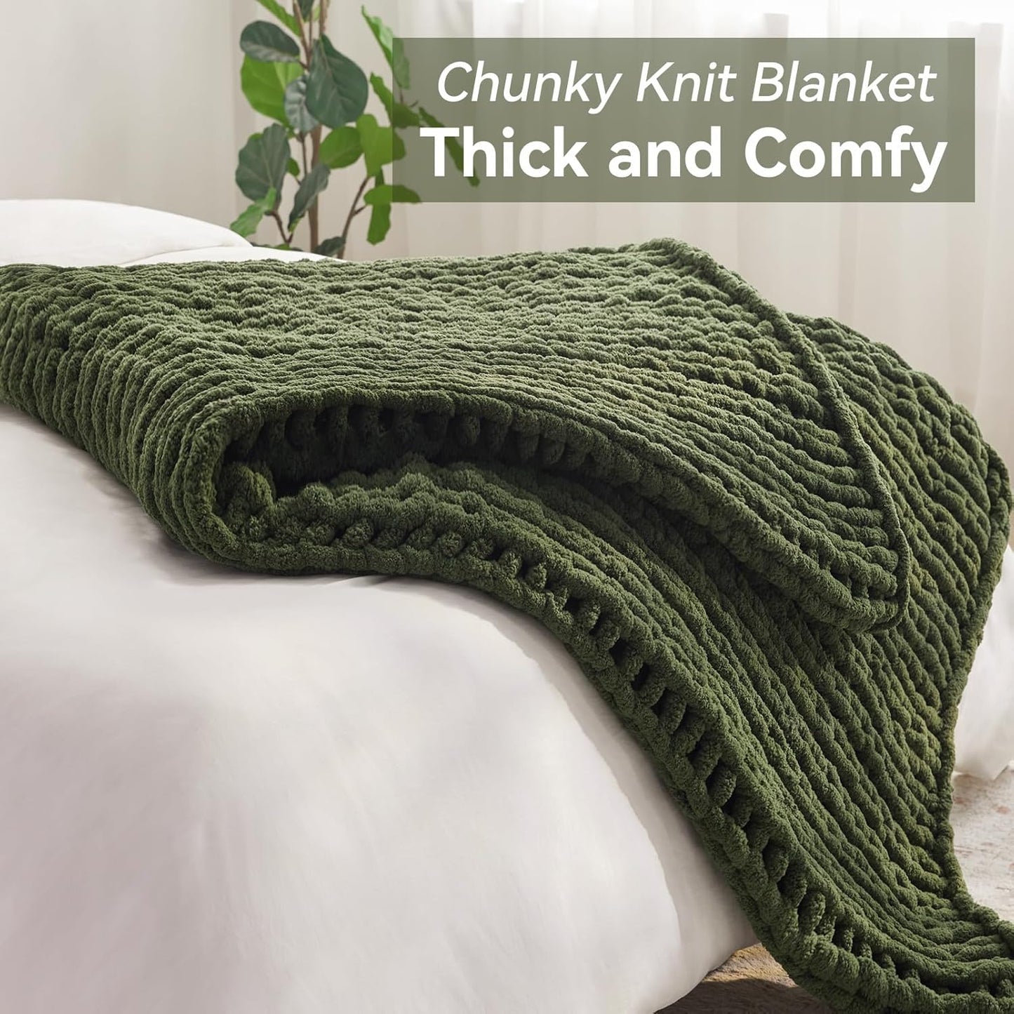 Chunky Knit Throw Blanket, 60''*80'' Knitted Throw Chenille Yarn for Bed Couch, Handmade Green Crochet Big Thick Blanket, Machine Washable Cute Comfy Blanket for Home Decor