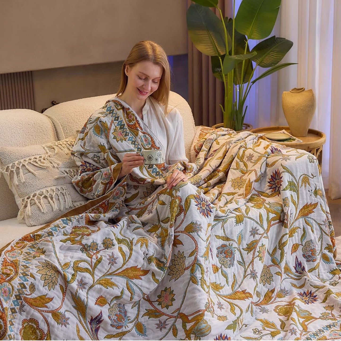 Fall Throw Blanket for Couch, Brown Boho Decorative Throw Blanket, 100% Cotton Muslin Breathable Woven Farmhouse Blankets Quilt, 80"x90" Reversible Lightweight Blankets Bohemian Throw Quilt