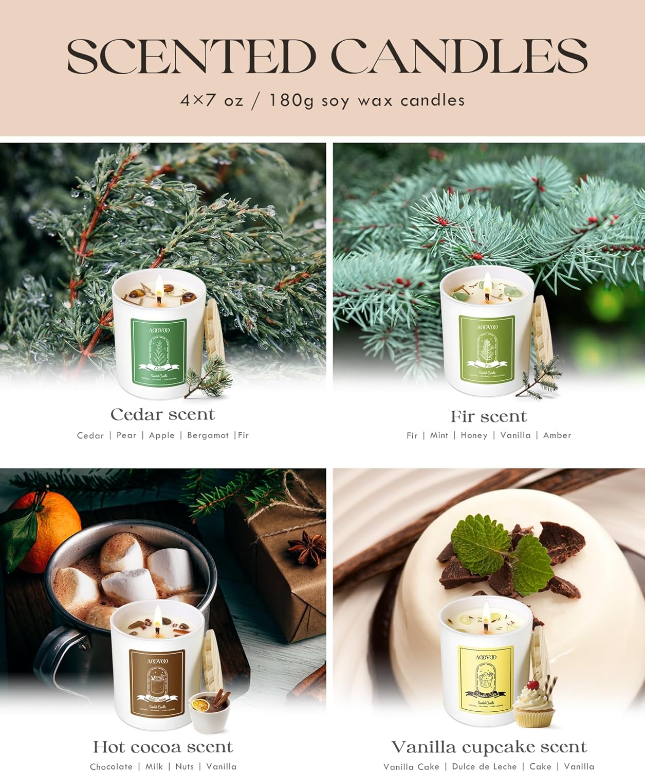 AOOVOO Winter Candles Set for Women - 4 Pack Candles for Home Scented, Aromatherapy Candle with Crystals, 28 oz 200 Hour Long Lasting Candle, Winter Fragrance of Cedar, Fir, Hot Cocoa, Vanilla Cake