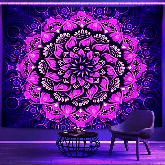 Psyhilar Blacklight Mandala Tapestry Wall Hanging, Psychedelic Flower Black Light Posters for Adults and Teens, UV Reactive Aesthetic Bohemian Art for Bedroom (90 x 70 Inches)