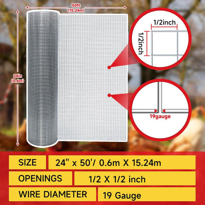 Hardware Cloth,1/2inch 24inx50ft 19 Gauge,Double-Layer Hot-Dip Galvanizing After Welding,Chicken Wire Fence Wire Mesh Fence Poultry Netting Garden Fence Tree Guard Rolls