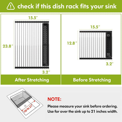 Dish Drying Rack, Roll Up Dryer Rack for Inside Sink, Expandable (12.8"-23.8" D x 15.5" W) 304 Stainless Steel Dish Drainers for Kitchen Counter, Over Sink Cover with Utensil Holder