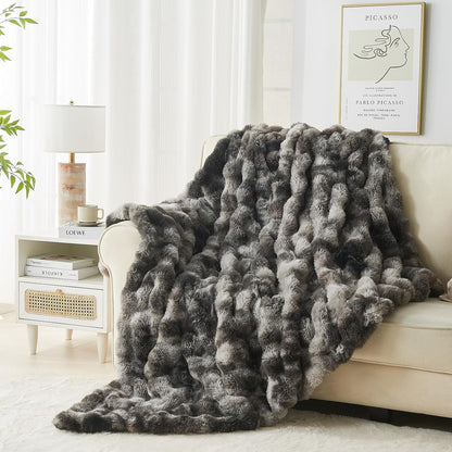 Lotus Karen Faux Fur Blanket Tie-Dye Dark Gray Twin Size - Big Bubble Rabbit Fluff Throw for Couch Small Fluffy Fuzzy Cozy Thick Furry Plush Shaggy Blankets 60x80 Inches