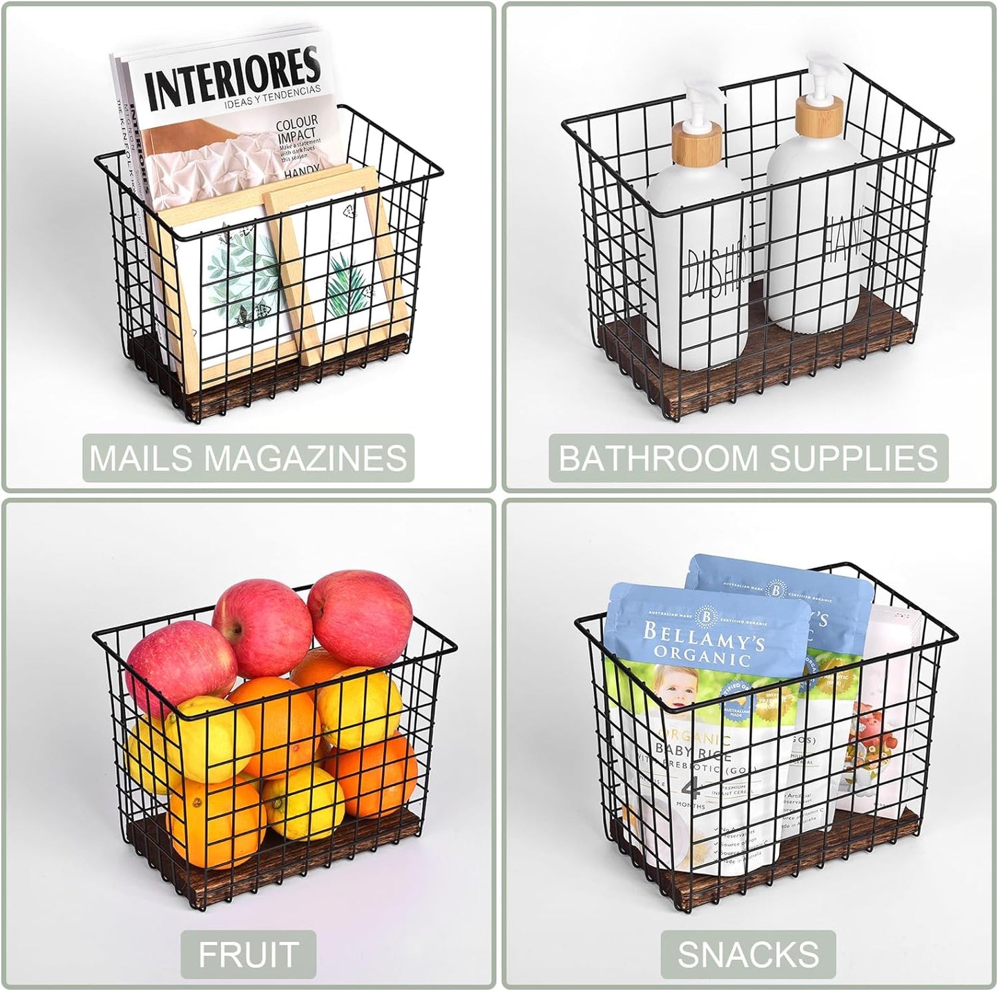 Wall Hanging Baskets 3 Pack, Large Diversified Wire Basket Shelves of Wooden Style, with Wall Mounted Metal Hooks & Traceless Stickers, for Kitchen Coffee Bar Office Room Garage Storage Organization