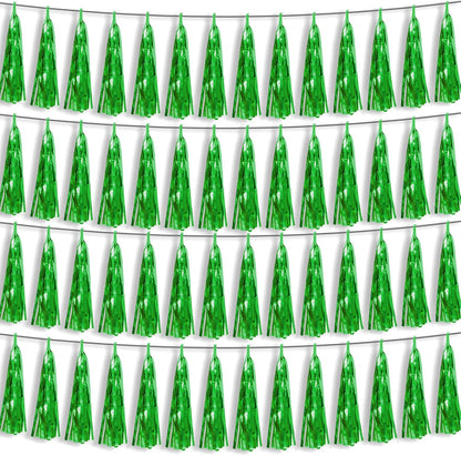 4P Green Foil Fringe Metallic Streamers Banner Tassel Garland for Parade Floats, Bachelorette, Wedding, Birthday, Halloween, Christmas, Bridal/Baby Shower Party Decorations