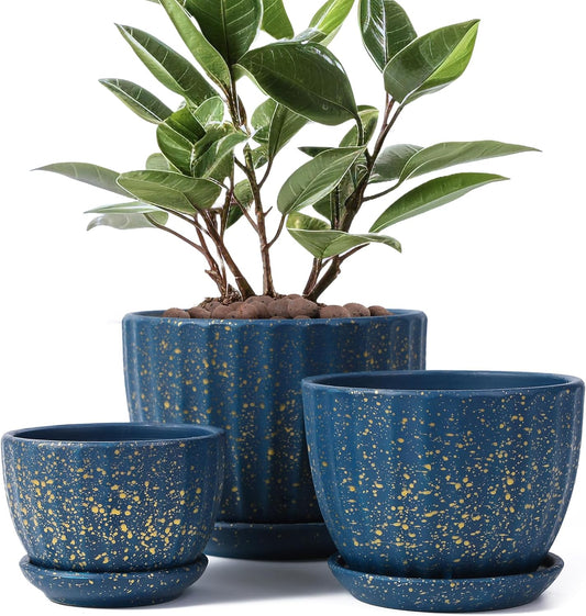 Ceramic Plant Pots with Drainage Holes and Saucers, Round Blue Flower Pots for Indoor Plant, Diameter 3.3/4.3/5.5 Inches Small Mini Flower Planters Set of 3