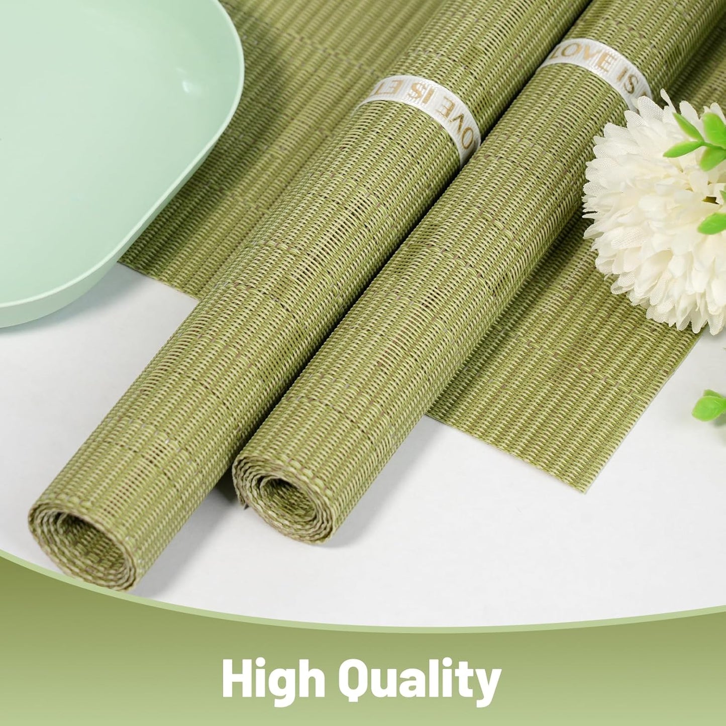 Placemats Set of 6，Non-Slip PVC Weave Table Mats Easy to Clean，Heat Resistant Place Mats for Kitchen Dining Table Decoration Indoor Outdoor，Pea Green
