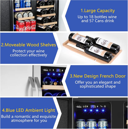 Wine and Beverage Refrigerator,24 Inch Dual Zone Wine Beverage Cooler, Built-in/Freestanding Beer and Wine Fridge with a Powerful Compressor, 20 Bottles and 88 Cans Capacity