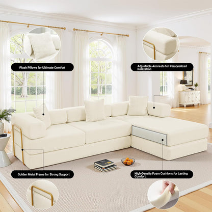 108" Oversized Convertible Sleeper Sofa Bed, Corduroy L Shape Sectional Couch, Folding Sofa Bed with Side Pocket, Modern Cloud Floor Mattress Couch, Modular Sofa for Living Room, Beige