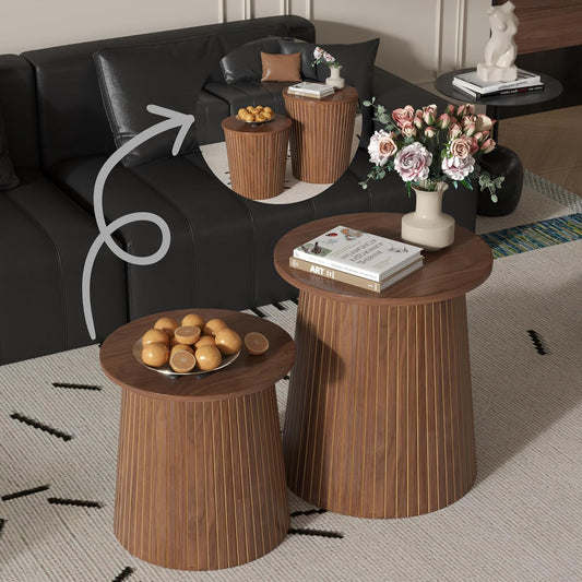 Nesting Coffee Table Set of 2, Round End Table with Storage, Farmhouse Side Table with Removable Wood Tops and Wood Basket Bases for Blanket Storage, Modern Coffee Table for Living Room (Walnut)