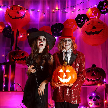 Purple and Orange Halloween Lights, 100FT 300 LED String Lights for Outside with 8 Modes Waterproof, Plug in Green Wire Twinkle Light for Indoor Tree Patio Garden Party House Holiday Decor