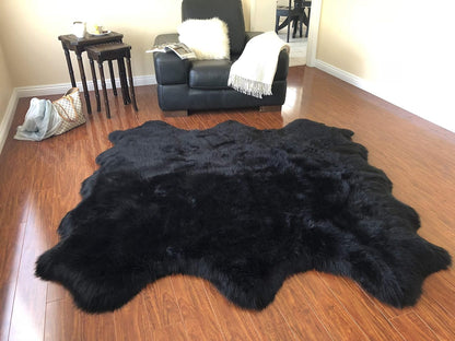 LAMBZY Faux Sheepskin Hypoallergenic Free Shape Silky Shag Rug, Luxury Shaggy Silky Plush Carpet for Bedrooms Rugs Living Kids Room Sofa Floor Rugs (Sexto 6 Pelts 6'x6', 180x180cm, Black)