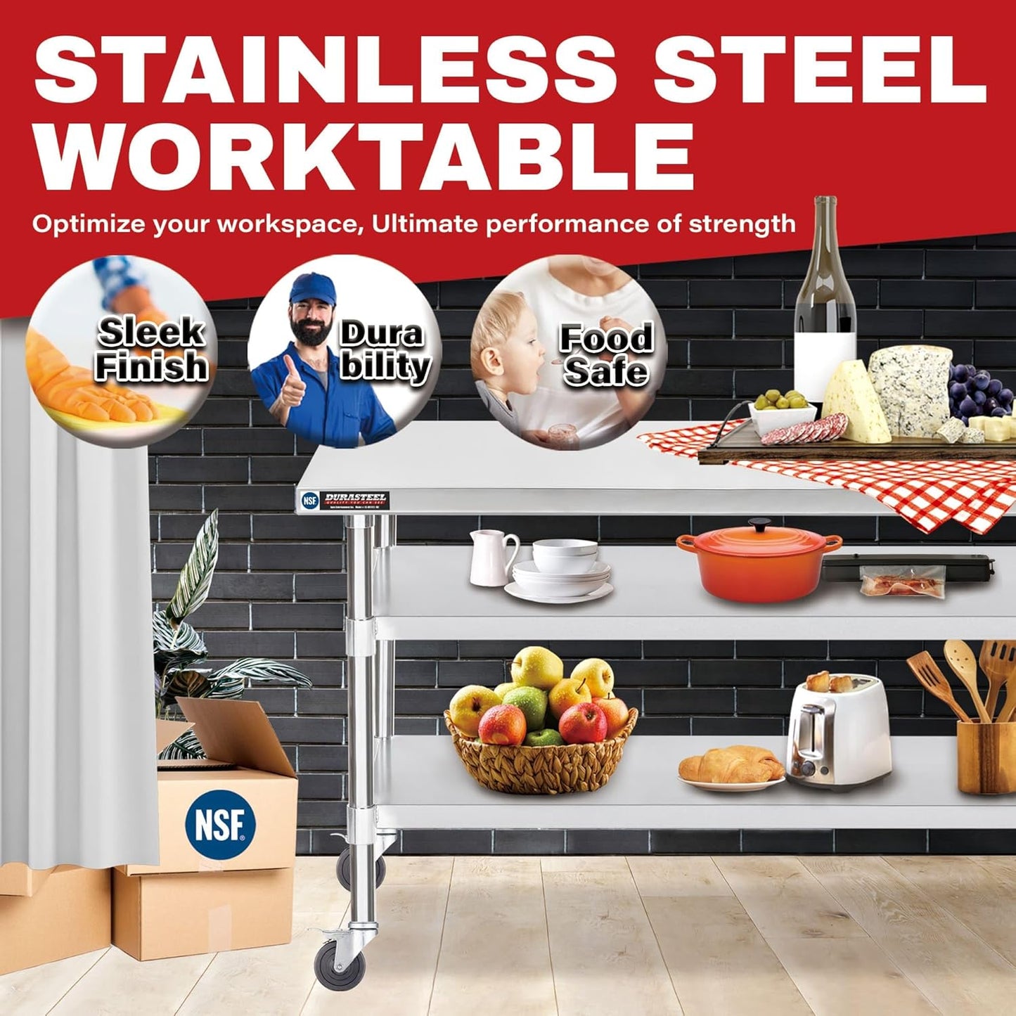 Food Prep Stainless Steel Table + Galvanized Under Shelf for 30" x 48" Work Tables