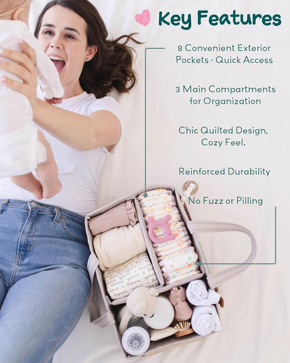 Lily Miles Baby Diaper Caddy Organizer, Quilted Nursery Storage Organizer for Newborn Essentials and Diaper Changing Station, Gift for Baby Shower and Registry Must-Have (Soft Sand)