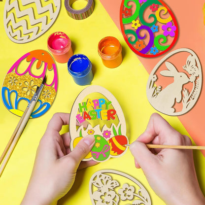 80PCS Wooden Easter Ornaments to Paint, 10 Styles DIY Blank Unfinished Wood Egg Cutouts Ornament for Crafts Hanging Decorations Happy Easter Hallow Egg Rabbit Bunny Butterfly Flower Hen