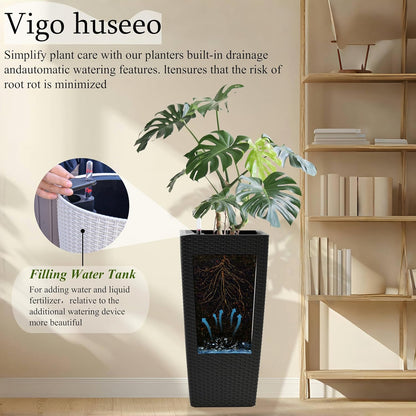 2Pcs 23in High Large Plant Pots Planter-Self-Watering,Modern Planter with Drain Holes,Water Level Monitor,Inner Bucket for Indoor/Outdoor Front Porch Patio,Black Rattan
