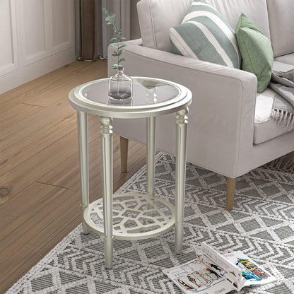 COSIEST Set of 2 Modern Round End Table, 2-Tier Glass Side Table with Glass Tabletop, Wood Accent Table with Storage Shelf for Living Room, Bedroom