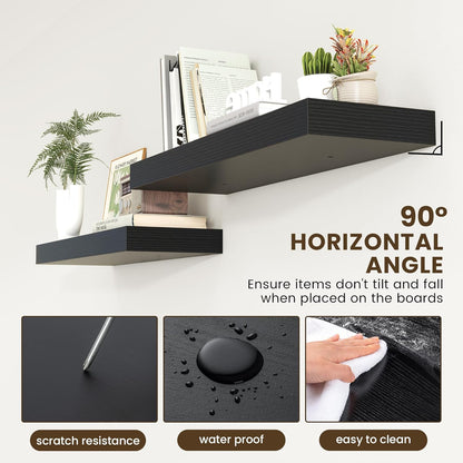 Deep Floating Shelves for Wall | 36 Inch Wide x 12 Inch Deep Black Floating Shelves | 36W x 12D Rustic Wood Wide Wall Shelves | Bookshelf Laundry Shelf TV Shelf