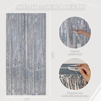 3 Pack Foil Fringe Backdrop - Laser Silver Shiny Tinsel Curtains for Party Decoration/Photo Booth Props - 3.3x8.2 FT Metallic Foil Backdrop for Birthday, Wedding, Graduation, Christmas.