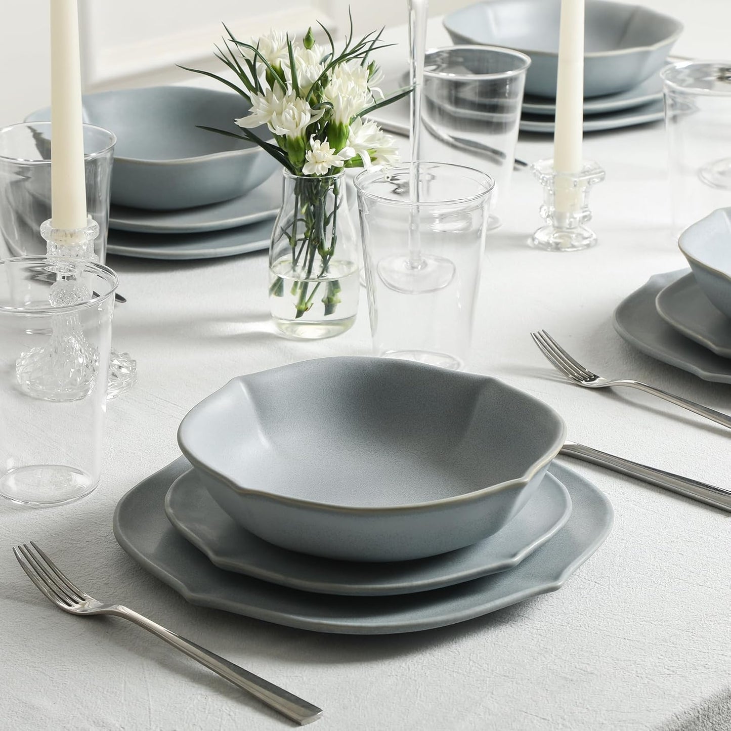 Stone Lain Baskerville 16-Piece Dinnerware Set Stoneware, Borosilicate Glass, Light Blue