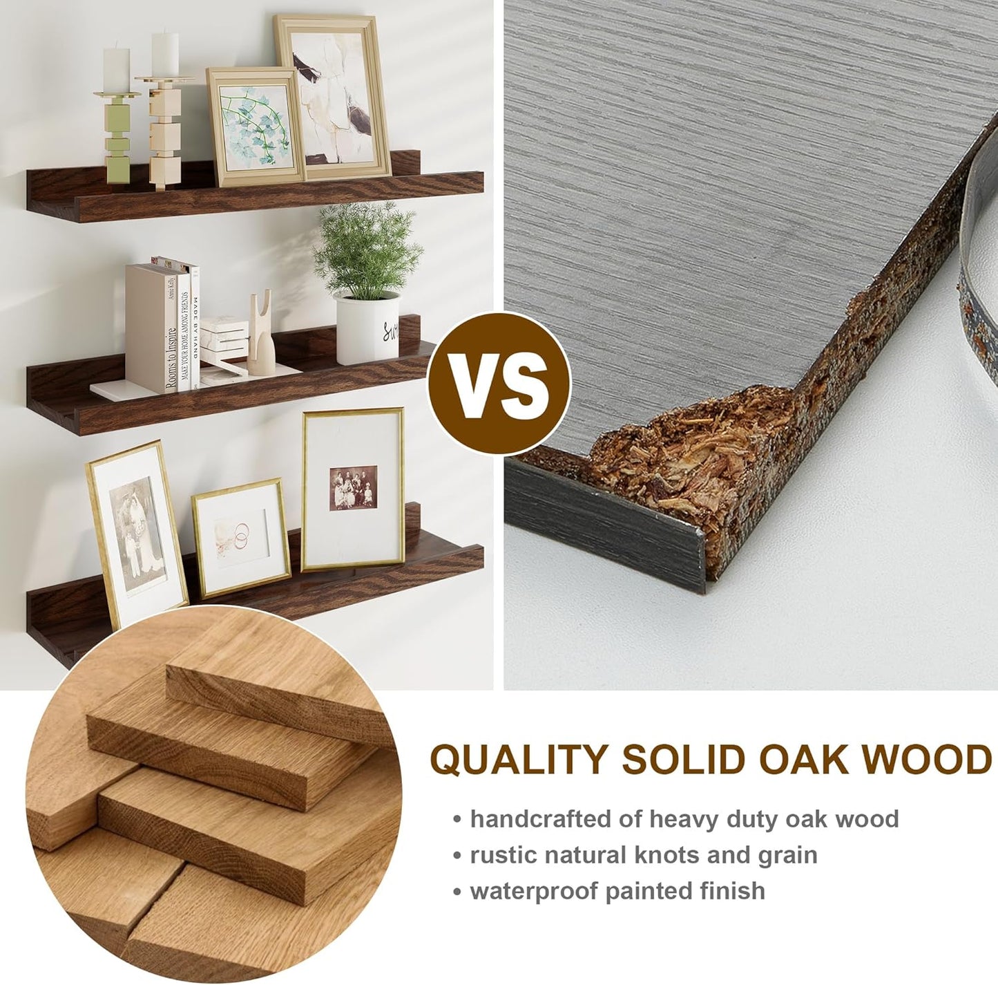 Floating Picture Ledge Shelves 36 Inch Solid Oak Wood Set of 2, Rustic Wall Storage Shelves with Lip, Kids Bookshelf, Photo & Picture Ledge Shelves for Bedroom, Living Room, Kitchen