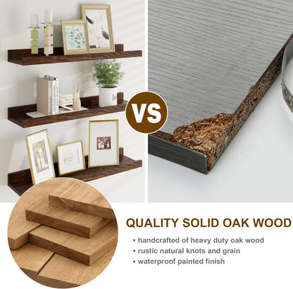 Floating Picture Ledge Shelves 55 Inch Solid Oak Wood Set of 2, Rustic Wall Storage Shelves with Lip, Kids Bookshelf, Photo & Picture Ledge Shelves for Bedroom, Living Room, Kitchen