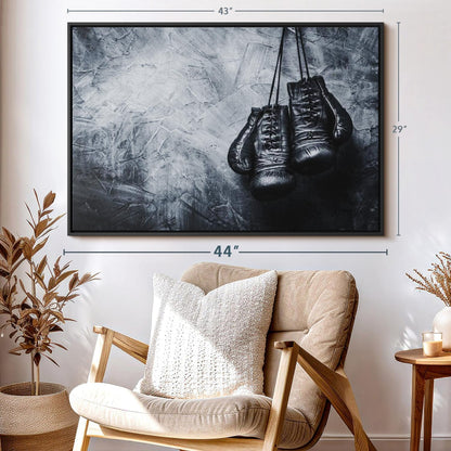 ElephantStock Boxing Gloves Wall Art - Horizontal Framed Canvas - 1-Piece Living Room Wall Decor - Photography Sports Canvas Print - Black and Gray Decor for Wall - 43" X 29"