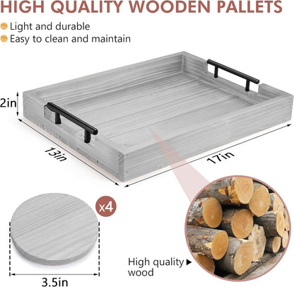 Ottoman Tray | Coffee Table Tray Decorative, Serving Tray with Handles - 17x13 Inch Wood Tray for Coffee Table Tray - with 4 Wooden Coasters -Tray for Ottoman, Breakfast