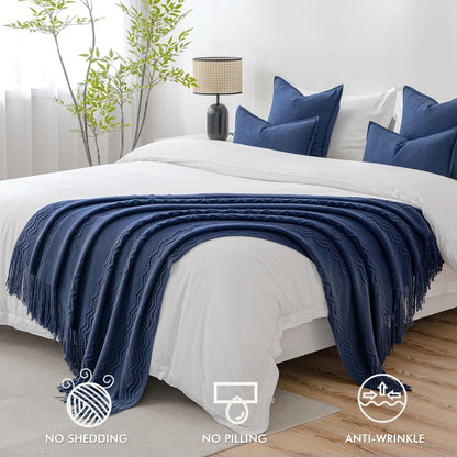 MIULEE Navy Blue Knitted Throw Blanket for Couch Textured Knit Blanket with Tassels Cozy Woven Boho Bed Blanket for Sofa Bed Chair Acrylic Wave Pattern 50"x60"