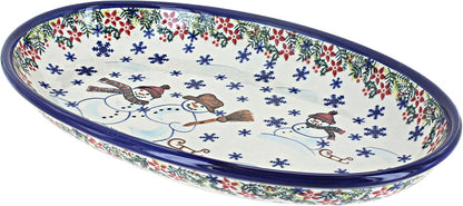 Blue Rose Polish Pottery Snowflake Friends Oval Platter