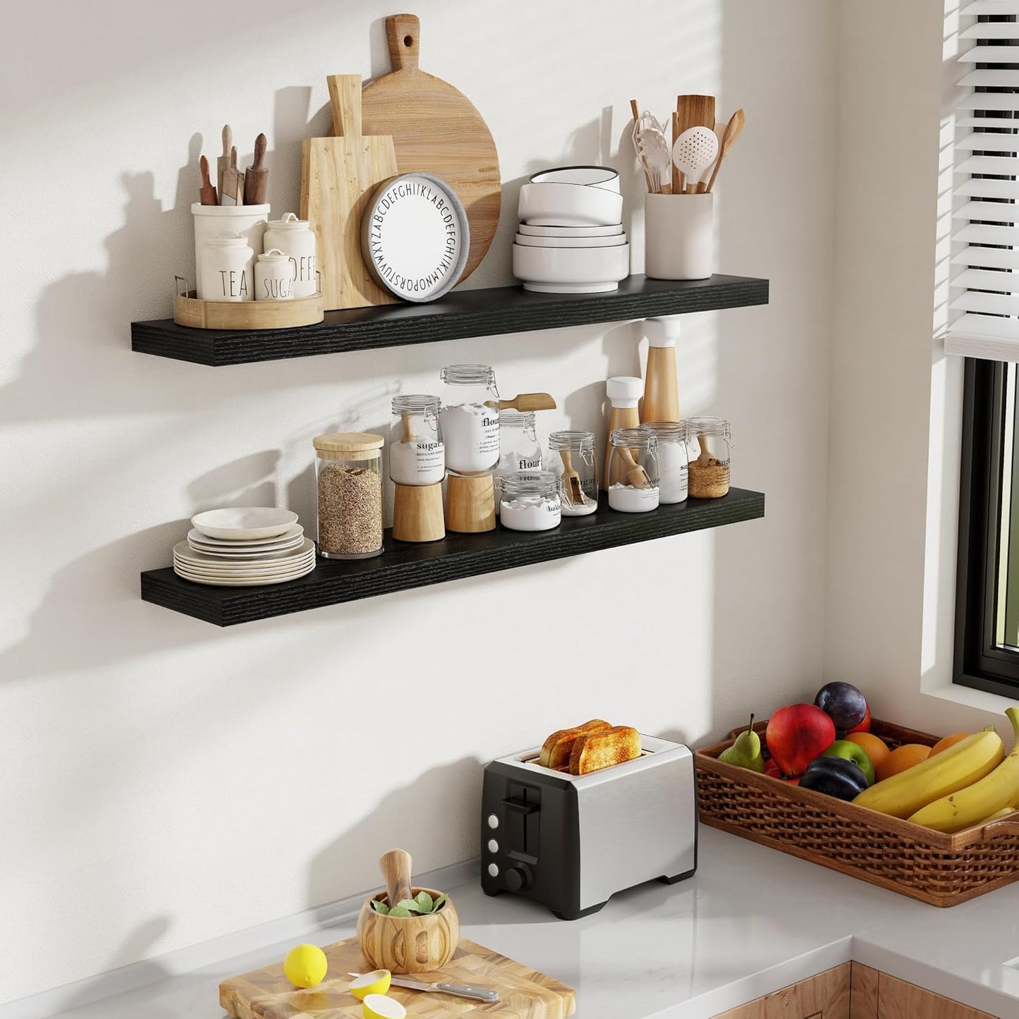 40 Inch Floating Shelves, 8 Inch Deep Floating Shelves for Wall, Hanging Shelf with Invisible Brackets, Deep Shelves for Bathroom, Bedroom, Living Room, Black, Set of 2