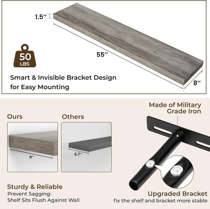 RICHFOCUS 55Inch Floating Shelves for Wall 1 Pack Shelves for Bedroom|Kitchen|Bathroom Wall Mounted Rustic Wood Floating Shelf with Invisible Brackets for Books|Storage|Decor, Grey