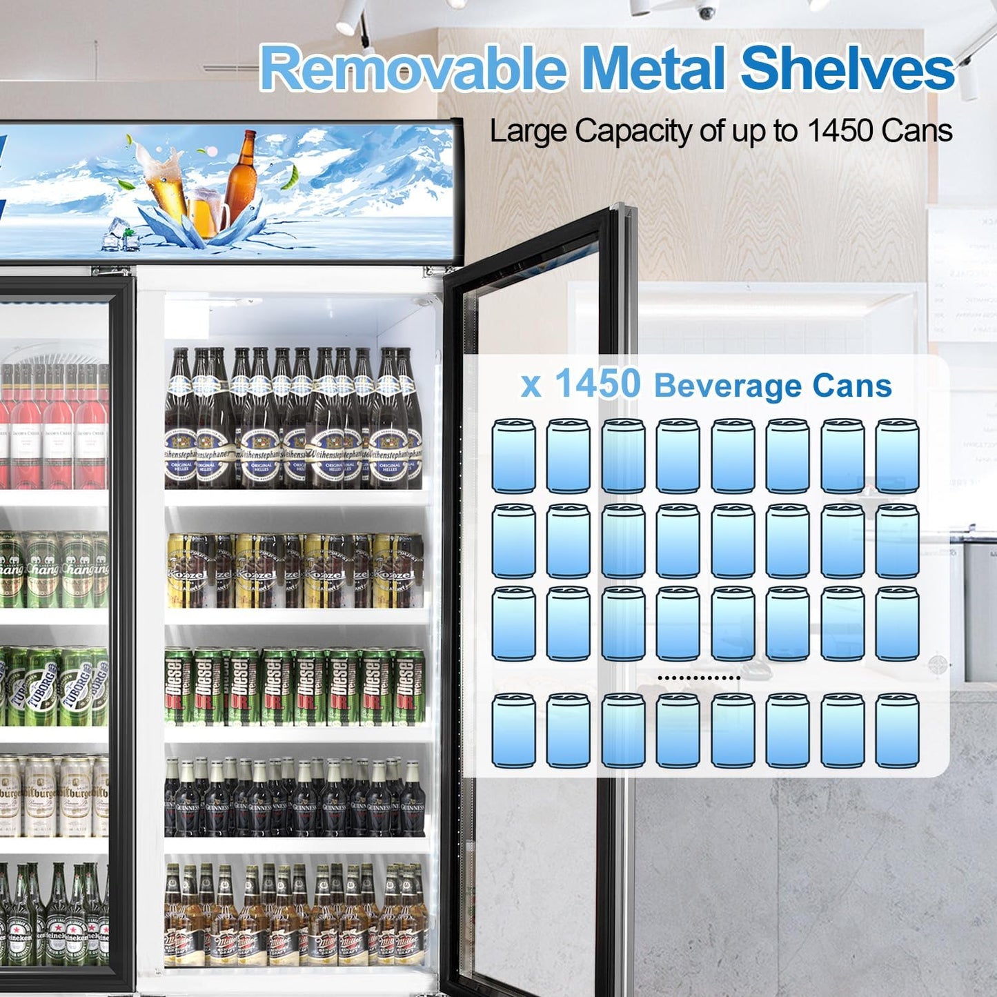 Tylza Commercial Refrigerator, Three Glass Door Display Beverage Fridge, 59.06 Cu Ft Upright Beverage Cooler Merchandiser with Replaceable Advertising Light Board, Rebound Door, Fast Cooling